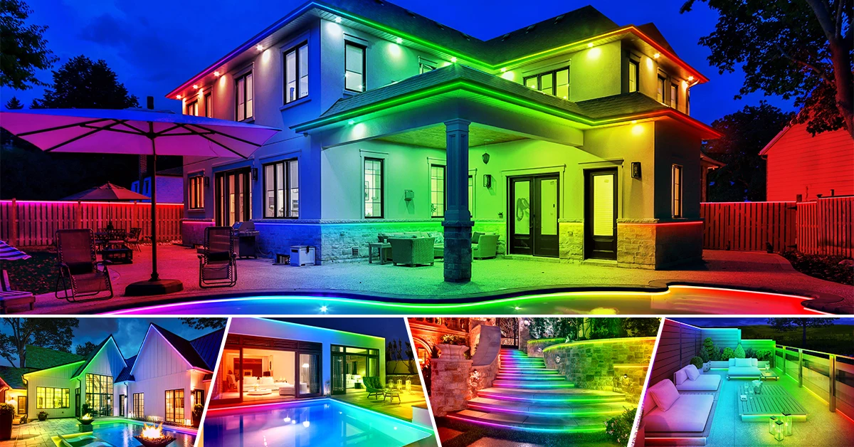 Outdoor Waterproof LED Strip Lights,50Ft Music Sync RGB IP65 Led Lights with App Control and Remote,Color Changing Waterproof Led Rope Lights for Outdoor,Balcony,Roof,Garden,Stairs Party