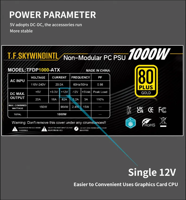 1000W ATX Gaming Power Supply 80 Plus Gold | Non-Modular | Full Voltage 110V-220V | for Desktop PC Server
