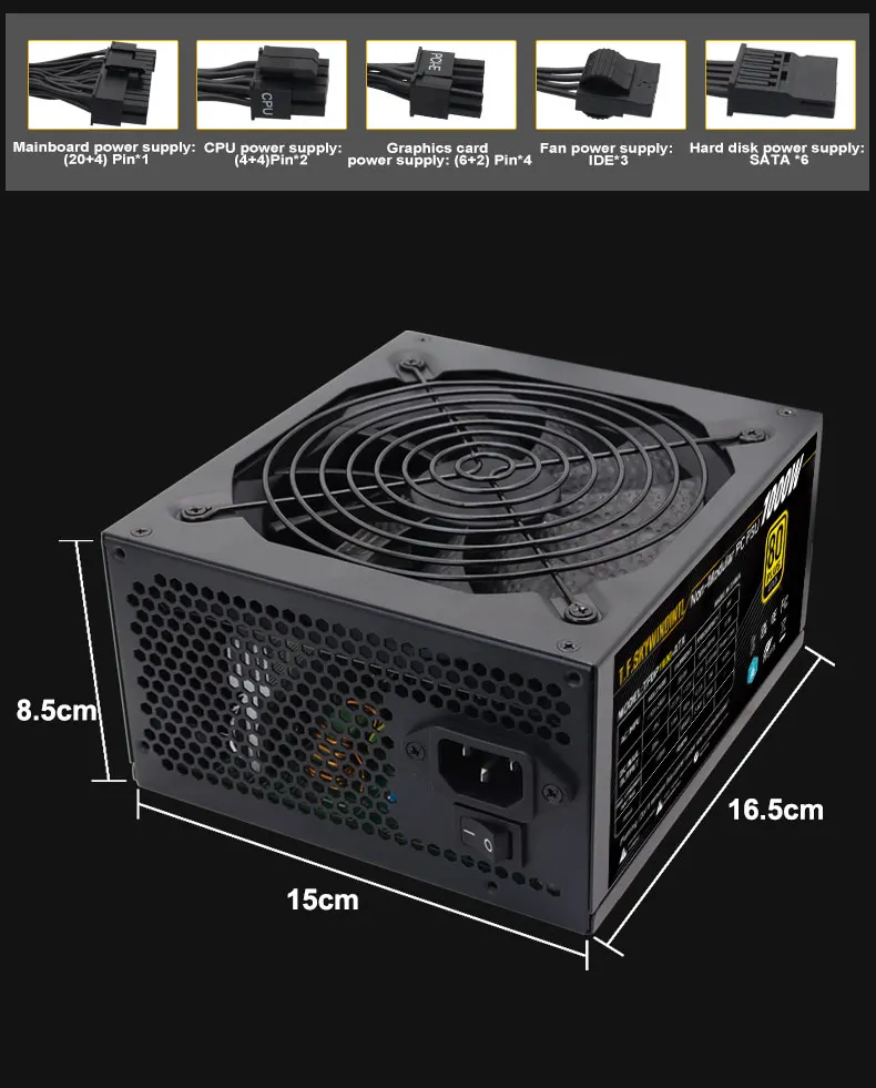 1000W ATX Gaming Power Supply 80 Plus Gold | Non-Modular | Full Voltage 110V-220V | for Desktop PC Server