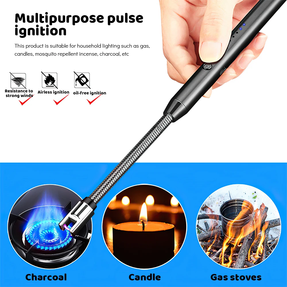 USB Rechargeable Arc Lighter Windproof Flexible Neck Electric Candle Lighter Safety Lock Pulse Igniter for Kitchen Gas Stove Camping Candle BBQ