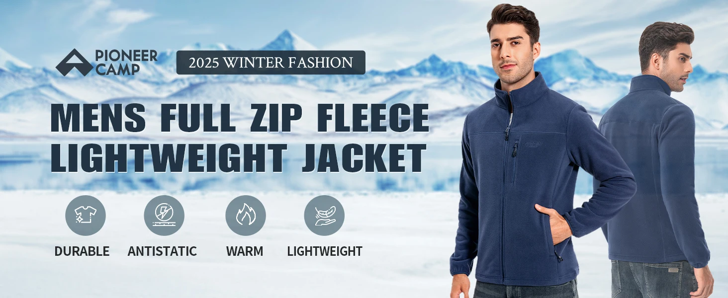 Pioneer Camp Fleece Jacket Men Full Zip Polar Lightweight Windproof Casual Soft Warm Outwear Outdoor Coat with Chest Pocket