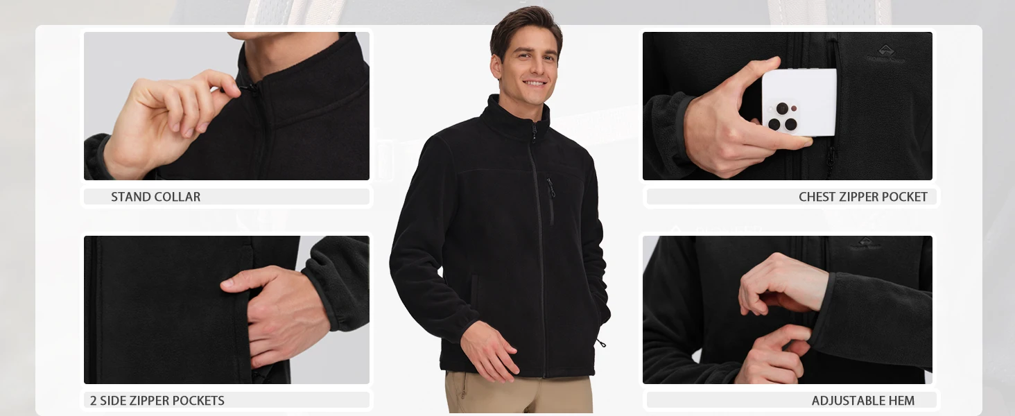 Pioneer Camp Fleece Jacket Men Full Zip Polar Lightweight Windproof Casual Soft Warm Outwear Outdoor Coat with Chest Pocket