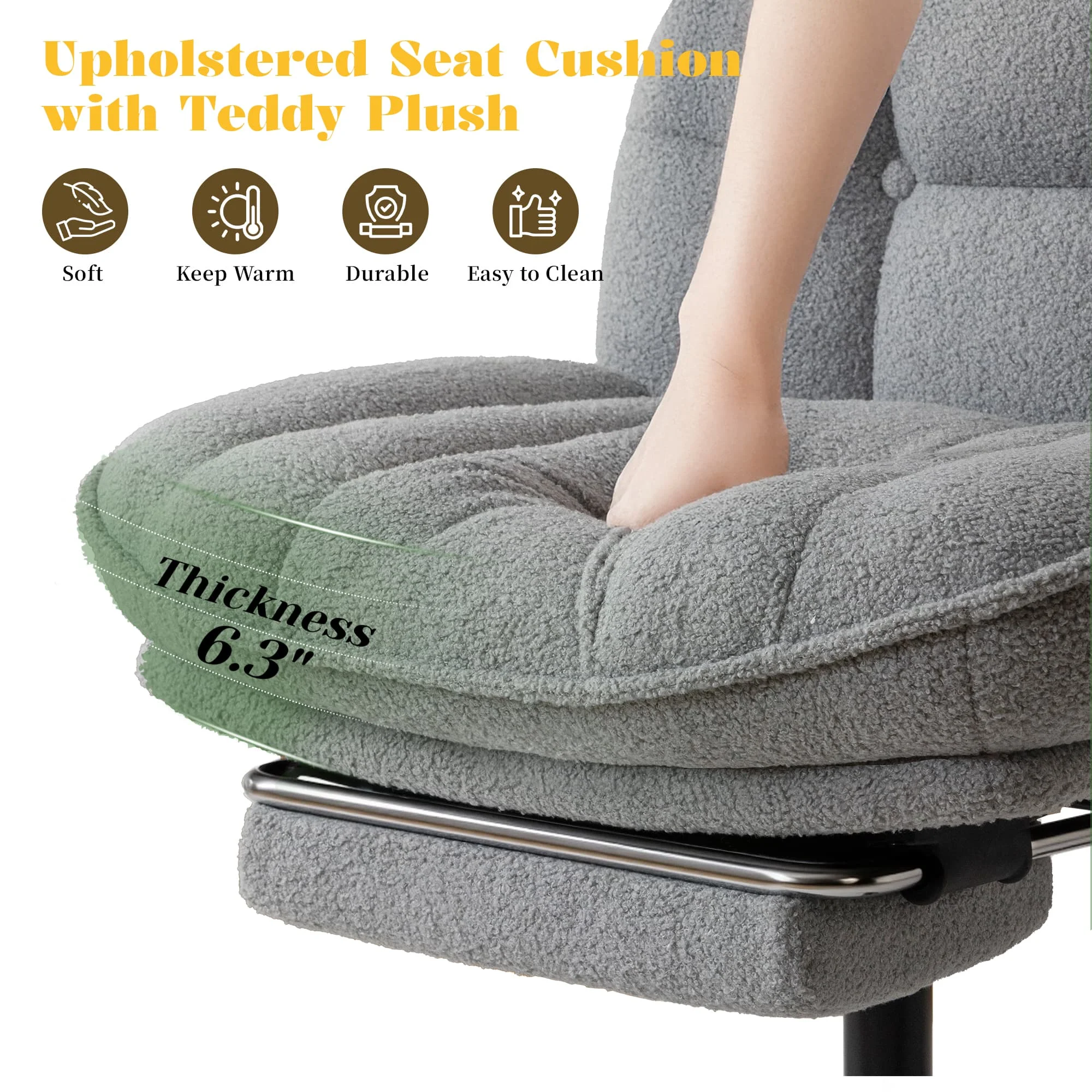 Thick Cushion Leisure Chair, Teddy Plush Cross Chair, Cross Legged Office Chair, Height Adjustable Desk Chair, Rolling Computer Chair with Footrest & Reclining Backrest