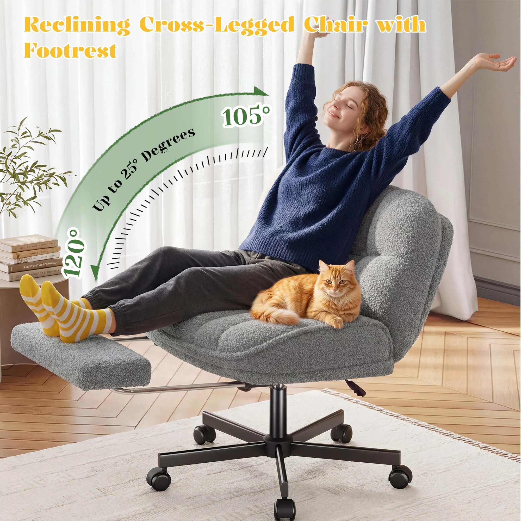 Thick Cushion Leisure Chair, Teddy Plush Cross Chair, Cross Legged Office Chair, Height Adjustable Desk Chair, Rolling Computer Chair with Footrest & Reclining Backrest