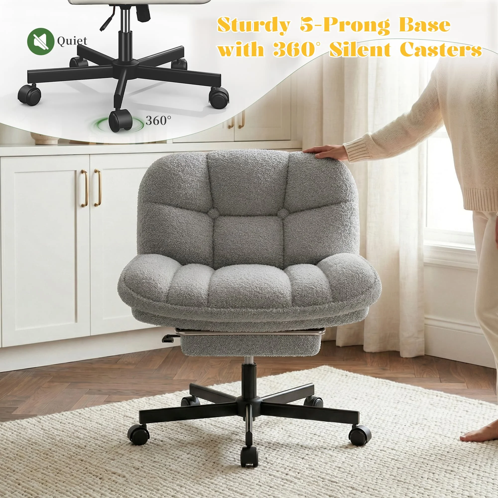 Thick Cushion Leisure Chair, Teddy Plush Cross Chair, Cross Legged Office Chair, Height Adjustable Desk Chair, Rolling Computer Chair with Footrest & Reclining Backrest