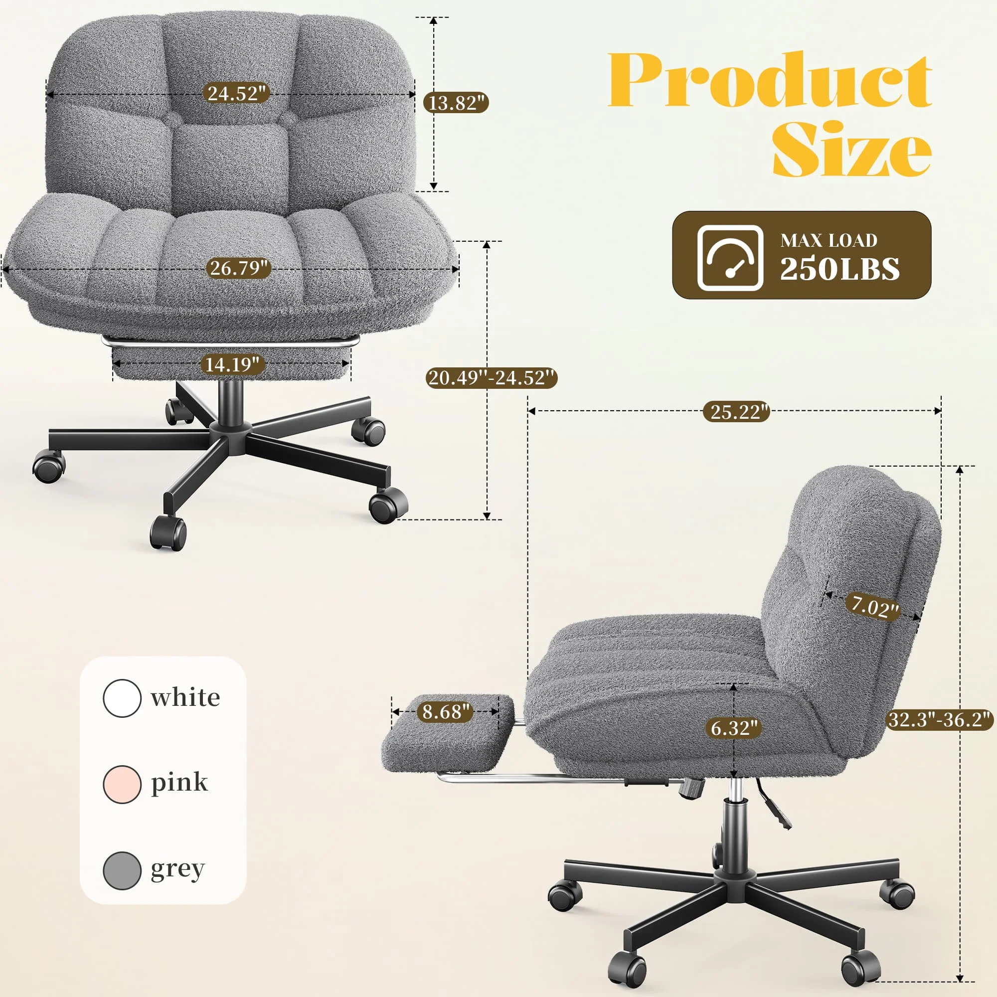 Thick Cushion Leisure Chair, Teddy Plush Cross Chair, Cross Legged Office Chair, Height Adjustable Desk Chair, Rolling Computer Chair with Footrest & Reclining Backrest