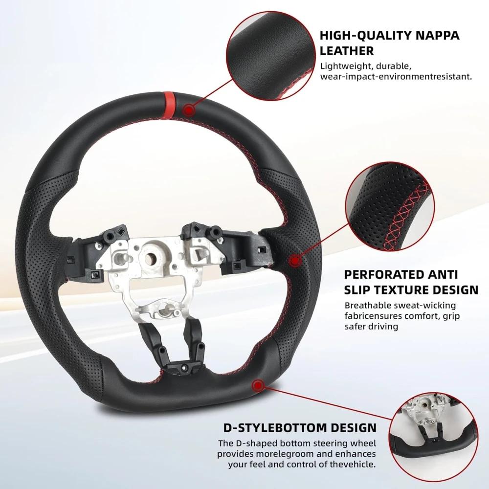 Full Leather Sport Steering Wheel for Mazda MX-5 Miata 2016 2017 2018 2019 2020 2021 2022 2023 2024 2025 2026 Flat Bottom (OEM) Steering Wheel Replacement Non-heated