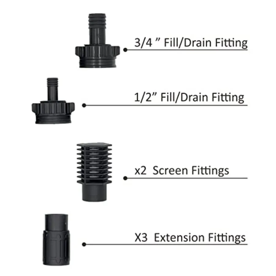 Ebb and Flow Fitting Kit - 7-Piece Fill and Drain Bulkhead Fitting Set with 1/2 3/4 Outlets, Screen Fittings and Extensions for