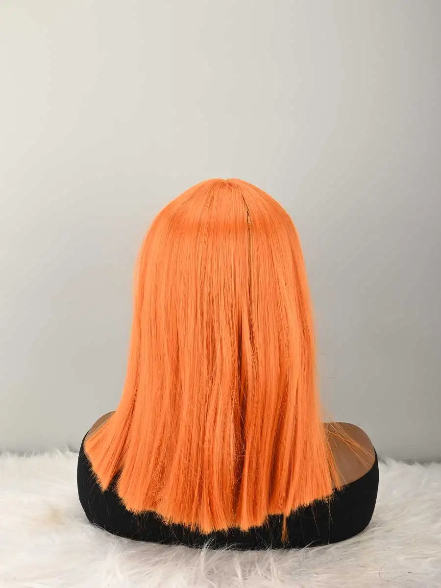 Orange Bob Wig with Bangs, Short Orange Wig for Women Straight Bob Wigs Heat Resistant Synthetic wig Mia Wallace Cleopatra Cospaly Daily Party Use