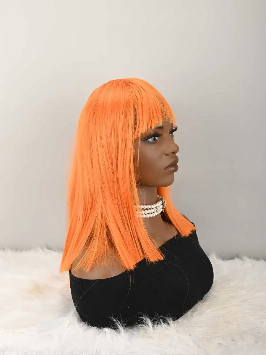 Orange Bob Wig with Bangs, Short Orange Wig for Women Straight Bob Wigs Heat Resistant Synthetic wig Mia Wallace Cleopatra Cospaly Daily Party Use
