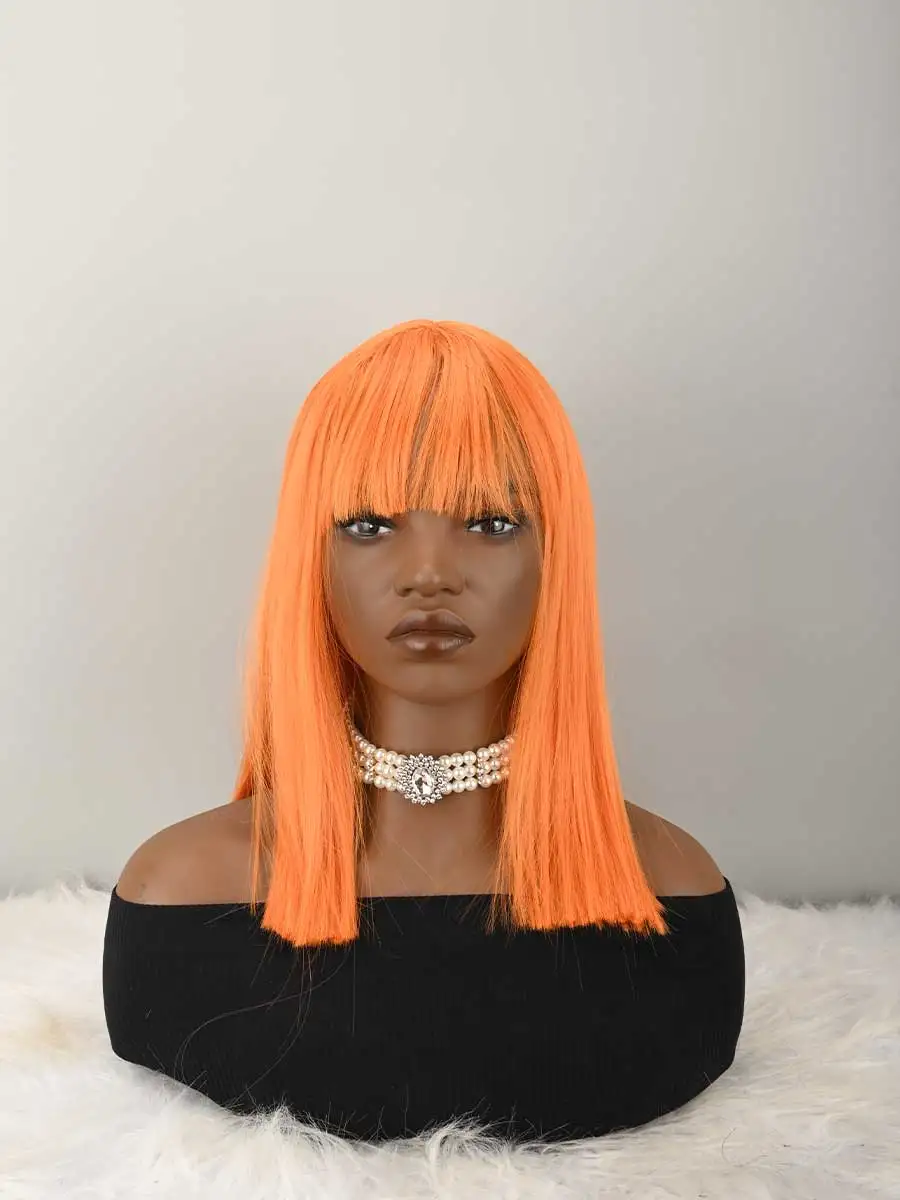 Orange Bob Wig with Bangs, Short Orange Wig for Women Straight Bob Wigs Heat Resistant Synthetic wig Mia Wallace Cleopatra Cospaly Daily Party Use