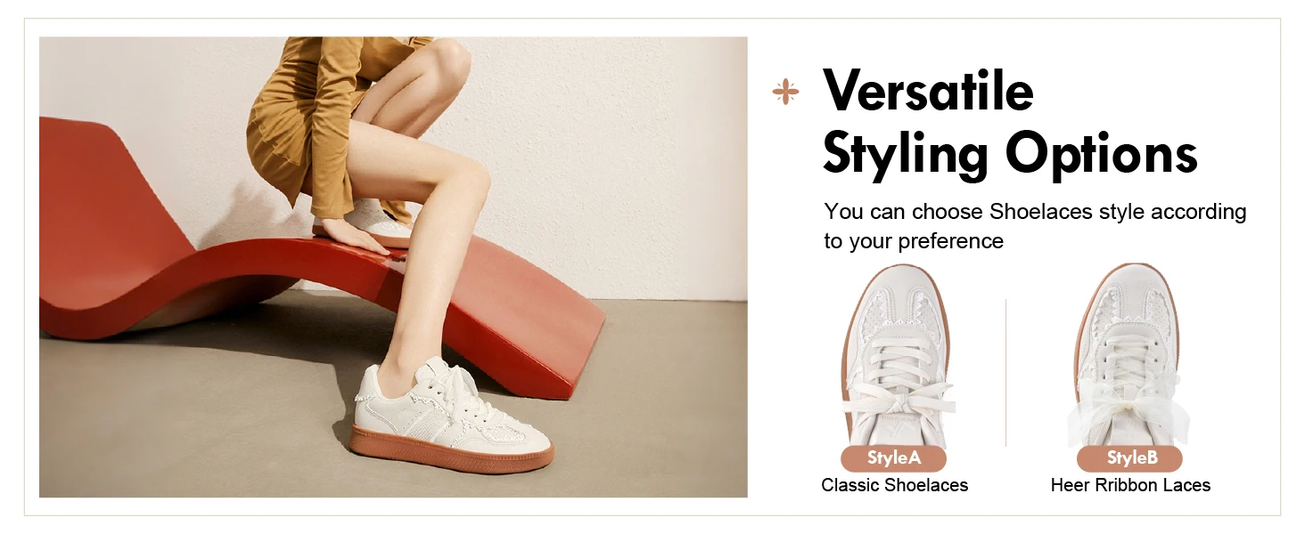 Women's Ribbon Lace-Up Fashion Sneakers Arch Support Gum Sole Tennis Walking Shoes with Memory Foam