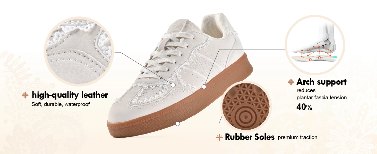 Women's Ribbon Lace-Up Fashion Sneakers Arch Support Gum Sole Tennis Walking Shoes with Memory Foam