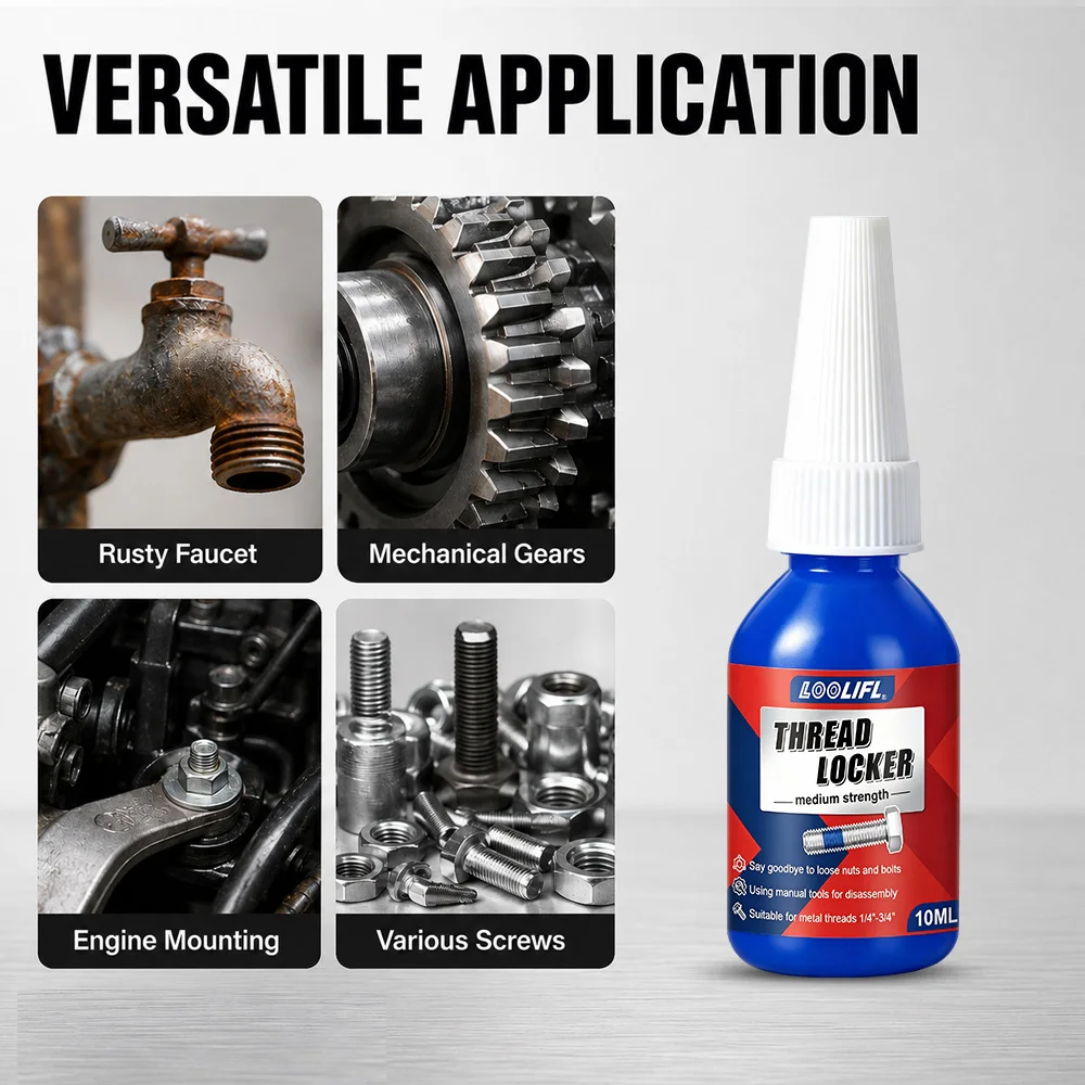 LOOLIFL Medium Strength Blue Thread Locker 10ml Anti Vibration Screw Locking Adhesive Anti Rust Sealant for 1/4"-3/4" Metal Bolt Nut Bike Machinery Thread Repair Glue