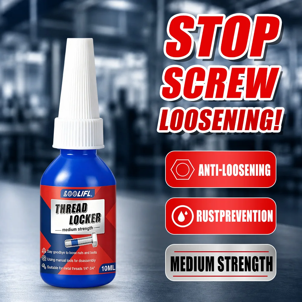 LOOLIFL Medium Strength Blue Thread Locker 10ml Anti Vibration Screw Locking Adhesive Anti Rust Sealant for 1/4"-3/4" Metal Bolt Nut Bike Machinery Thread Repair Glue