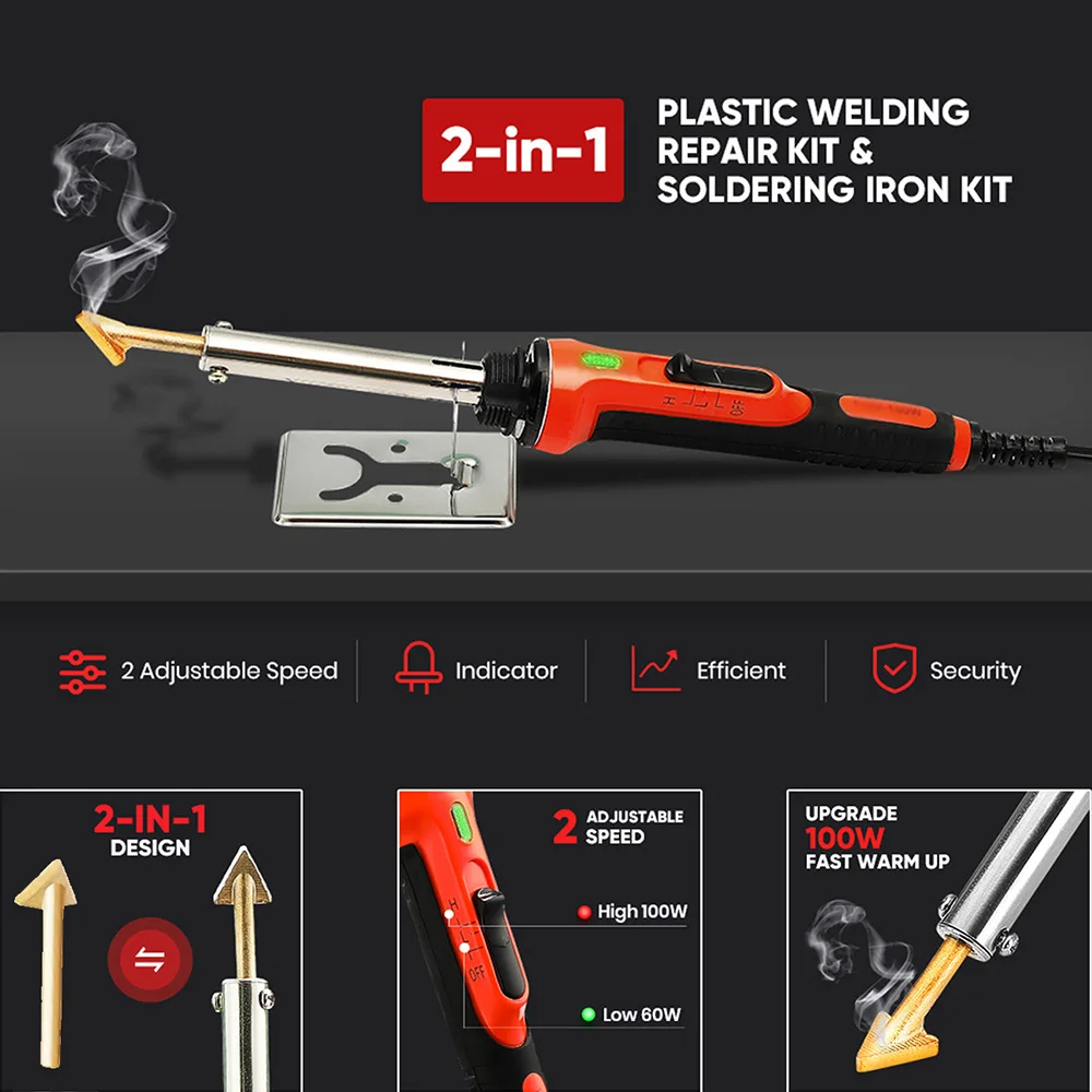 100W Plastic Welder, 2 in 1 solder iron Kit Plastic Repair Welder Kit 1000PCS Hot Stapler Soldering Gun with 100PCS Plastic Welding Rods Car Bumper Repair Kit for Most Plastic Repair