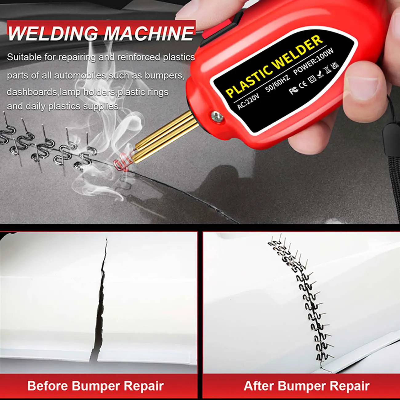 100W Plastic Welder, 2 in 1 solder iron Kit Plastic Repair Welder Kit 1000PCS Hot Stapler Soldering Gun with 100PCS Plastic Welding Rods Car Bumper Repair Kit for Most Plastic Repair