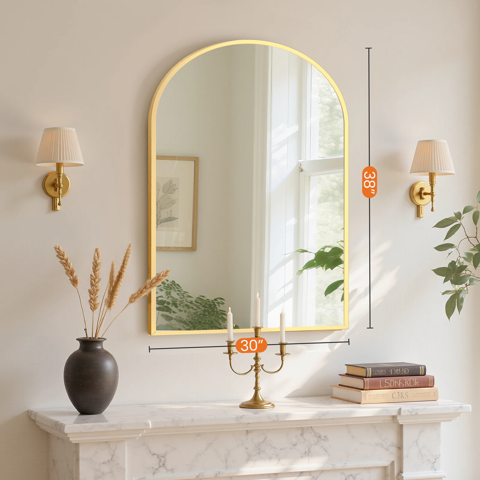 JHK Arched Gold Large Size Bathroom Mirror Bathroom Mirrors for Over Sink Modern Wall Mirrors Arch Decorative for Entryway Bedroom Vanity Horizontal or Vertical Hanging