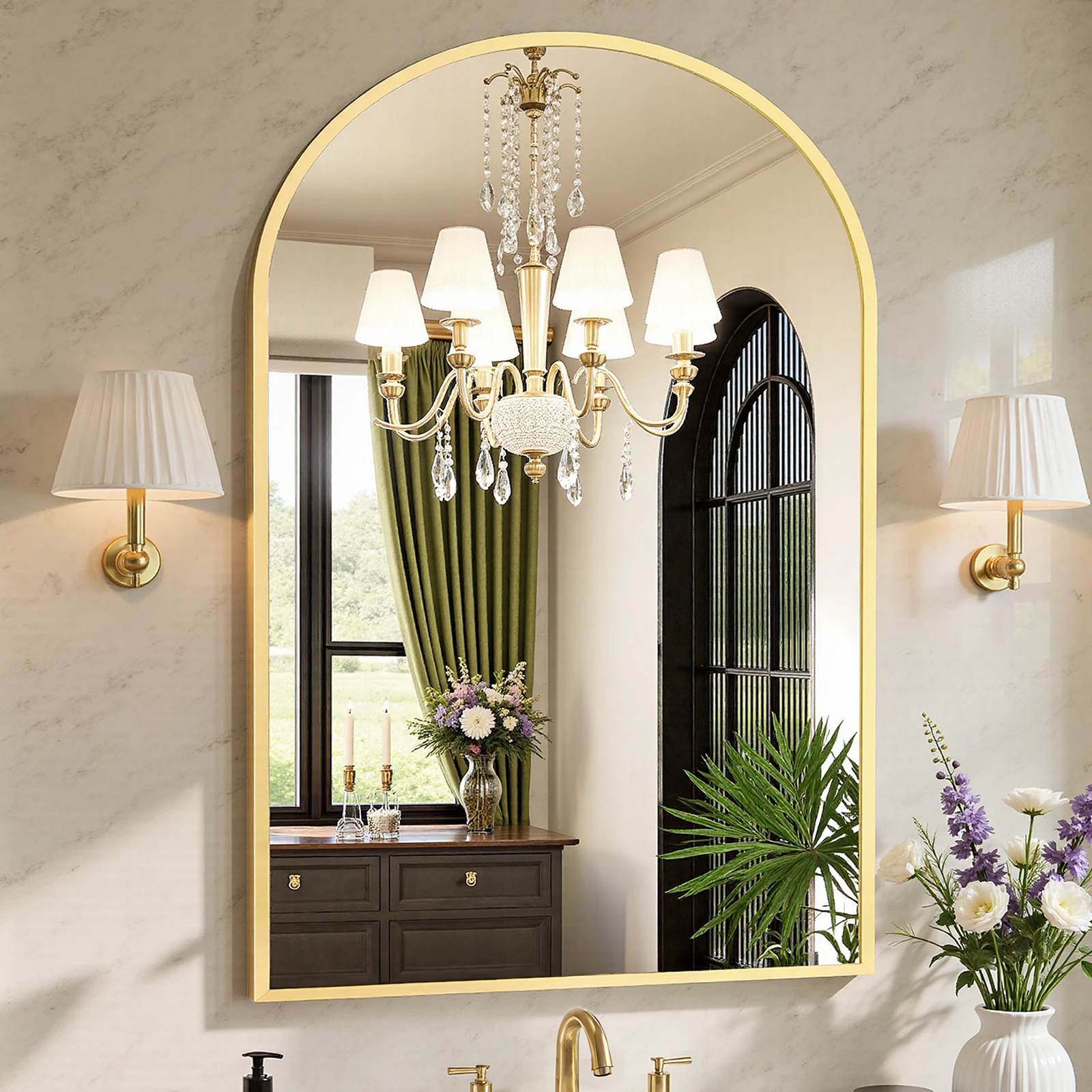 JHK Arched Gold Large Size Bathroom Mirror Bathroom Mirrors for Over Sink Modern Wall Mirrors Arch Decorative for Entryway Bedroom Vanity Horizontal or Vertical Hanging