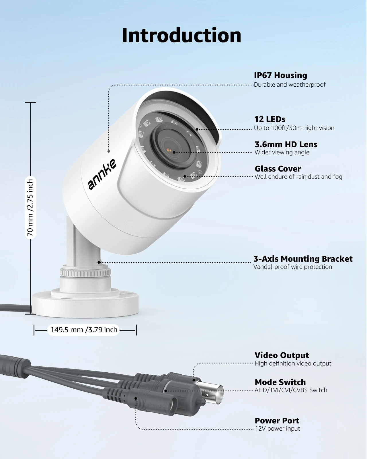 ANNKE 1080P 4-in-1 HD Security Camera, 2MP AHD/TVI/CVI/CVBS Bullet Camera, 66ft Smart IR Night Vision, 3.6mm Lens 80° View, Digital WDR, 3D DNR, IP66, Indoor/Outdoor