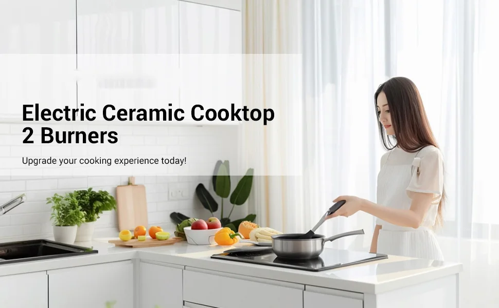 21 Inch 2 Burners Electric Cooktop 3700W Apartment Electric Stove Top Double Radiant, UL Certified, 9 Heating Level Knob Control, Overheating Protection, 110V-240V Ceramic Glass Cooktop