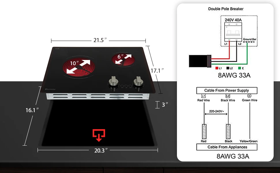 21 Inch 2 Burners Electric Cooktop 3700W Apartment Electric Stove Top Double Radiant, UL Certified, 9 Heating Level Knob Control, Overheating Protection, 110V-240V Ceramic Glass Cooktop