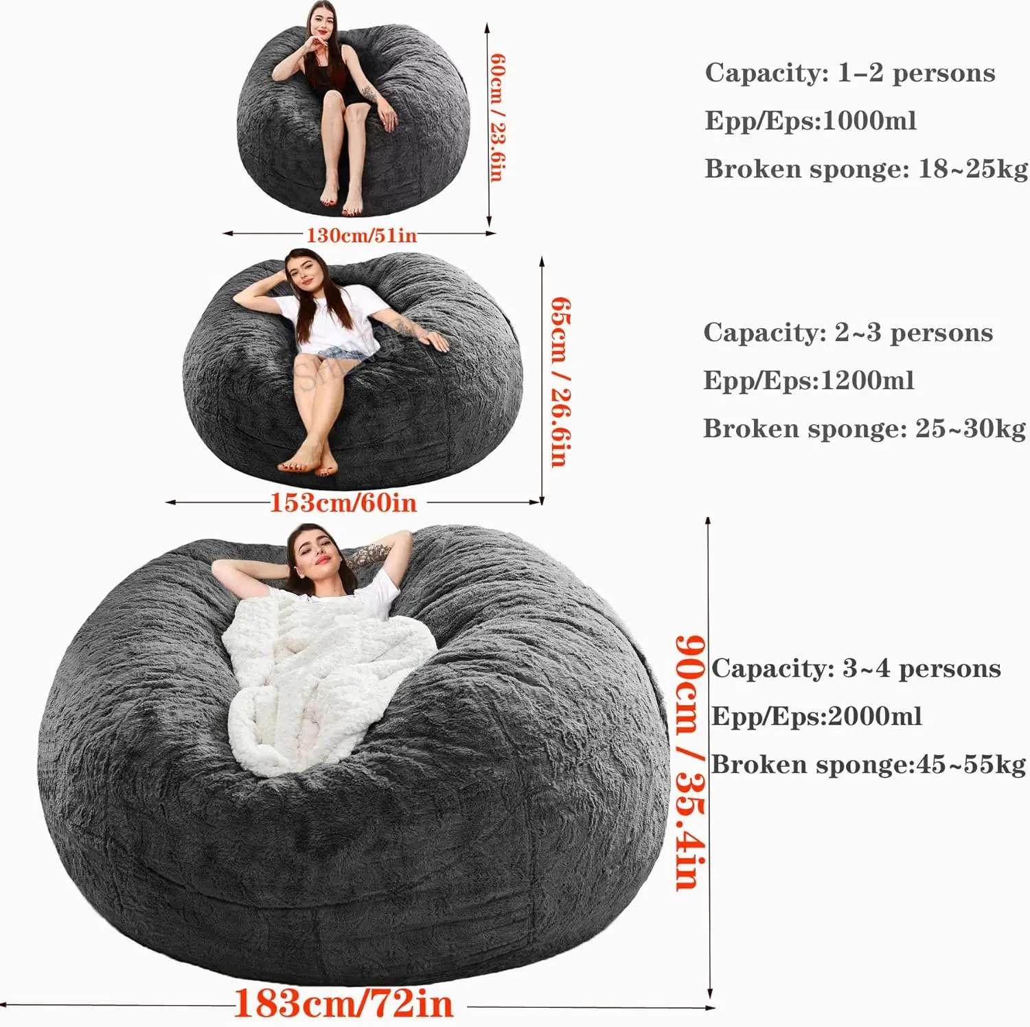 Bean Bag Sofa Cover Dark Gray 6FT Only Cover Ultra Soft Flocked PV Washable Double Zipper