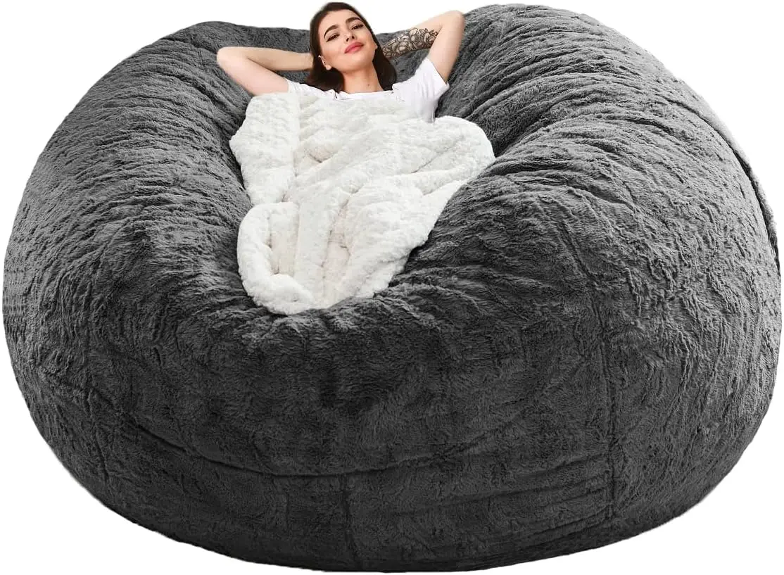 Bean Bag Sofa Cover Dark Gray 6FT Only Cover Ultra Soft Flocked PV Washable Double Zipper