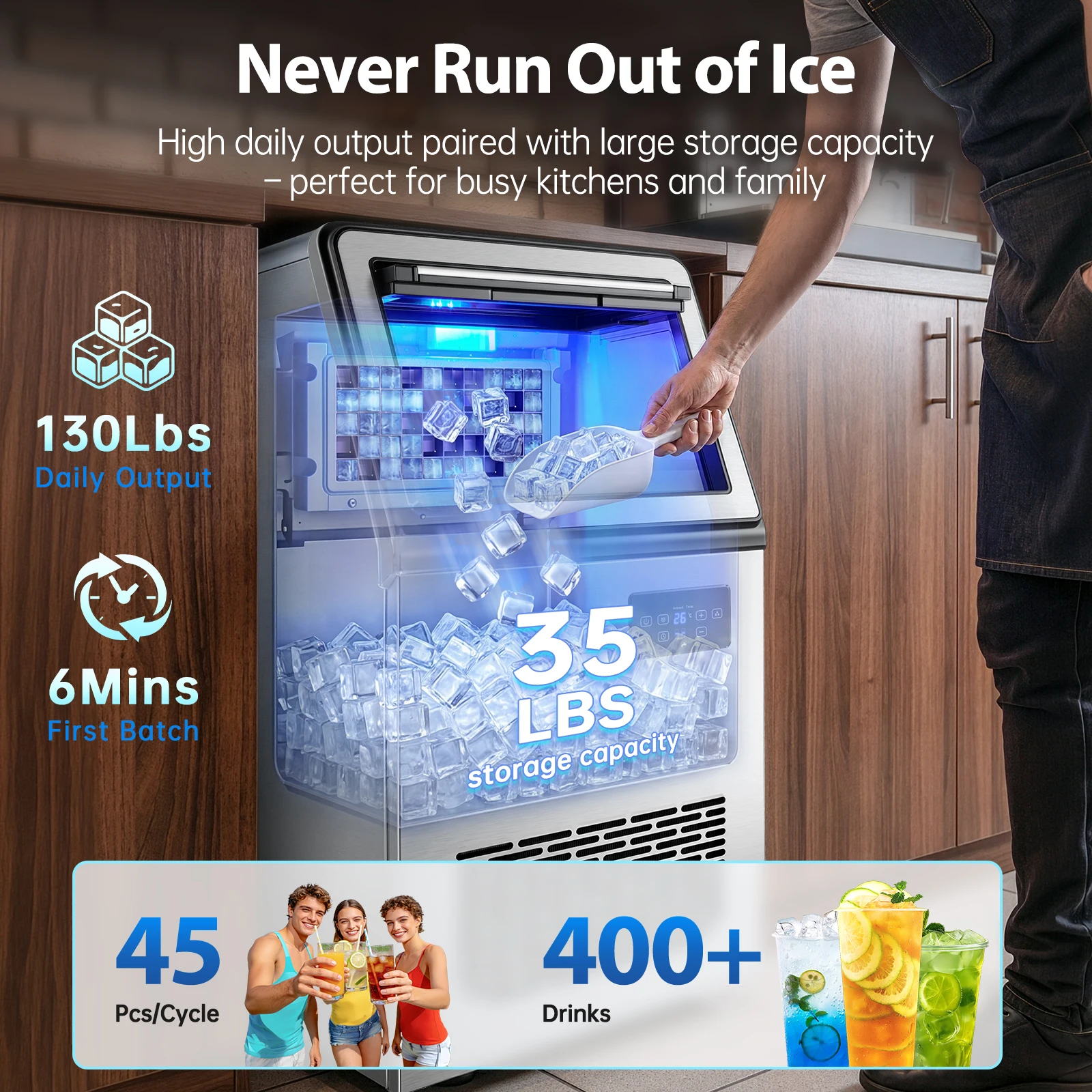 Zomagas 130 lb Commercial Ice Maker, Self-Cleaning, Stainless Steel