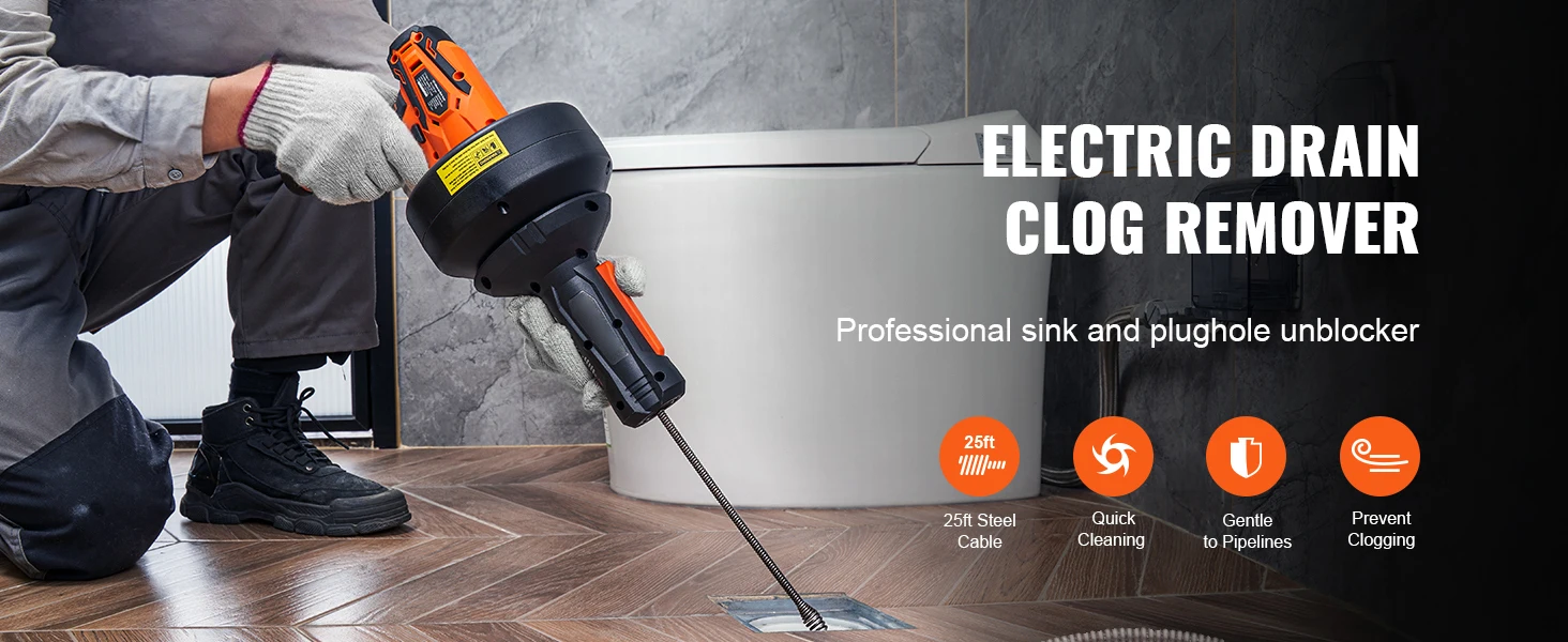 SucceBuy 12V Electric Drain Auger 25FT Cordless Plumbing Snake Auto Feed Pipeline Drain Clog Remover w/ Power Drill for Homeuse