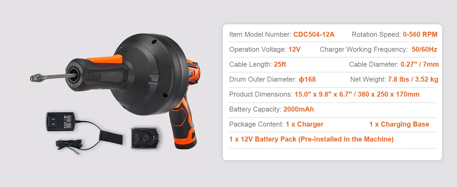 SucceBuy 12V Electric Drain Auger 25FT Cordless Plumbing Snake Auto Feed Pipeline Drain Clog Remover w/ Power Drill for Homeuse