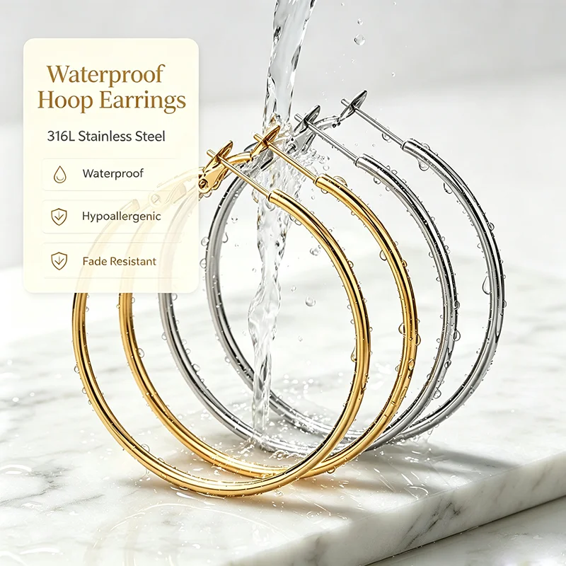 6 Pairs 316L Stainless Steel Hoop Earrings Set 30/40/50mm Gold Silver Lever Back Hoops Waterproof Hypoallergenic Fade Resistant Women Daily Jewelry