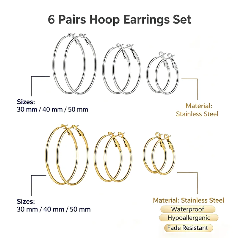 6 Pairs 316L Stainless Steel Hoop Earrings Set 30/40/50mm Gold Silver Lever Back Hoops Waterproof Hypoallergenic Fade Resistant Women Daily Jewelry