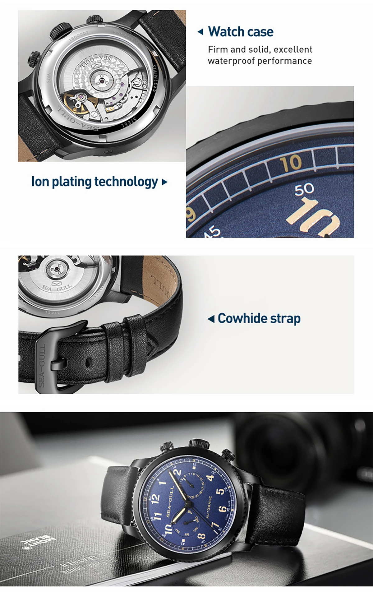 Seagull Men's Watch Fashion Multifunction Belt Sapphire Luminous Automatic Mechanical Watch Pilot Series Wristwatch 819.33.6080H