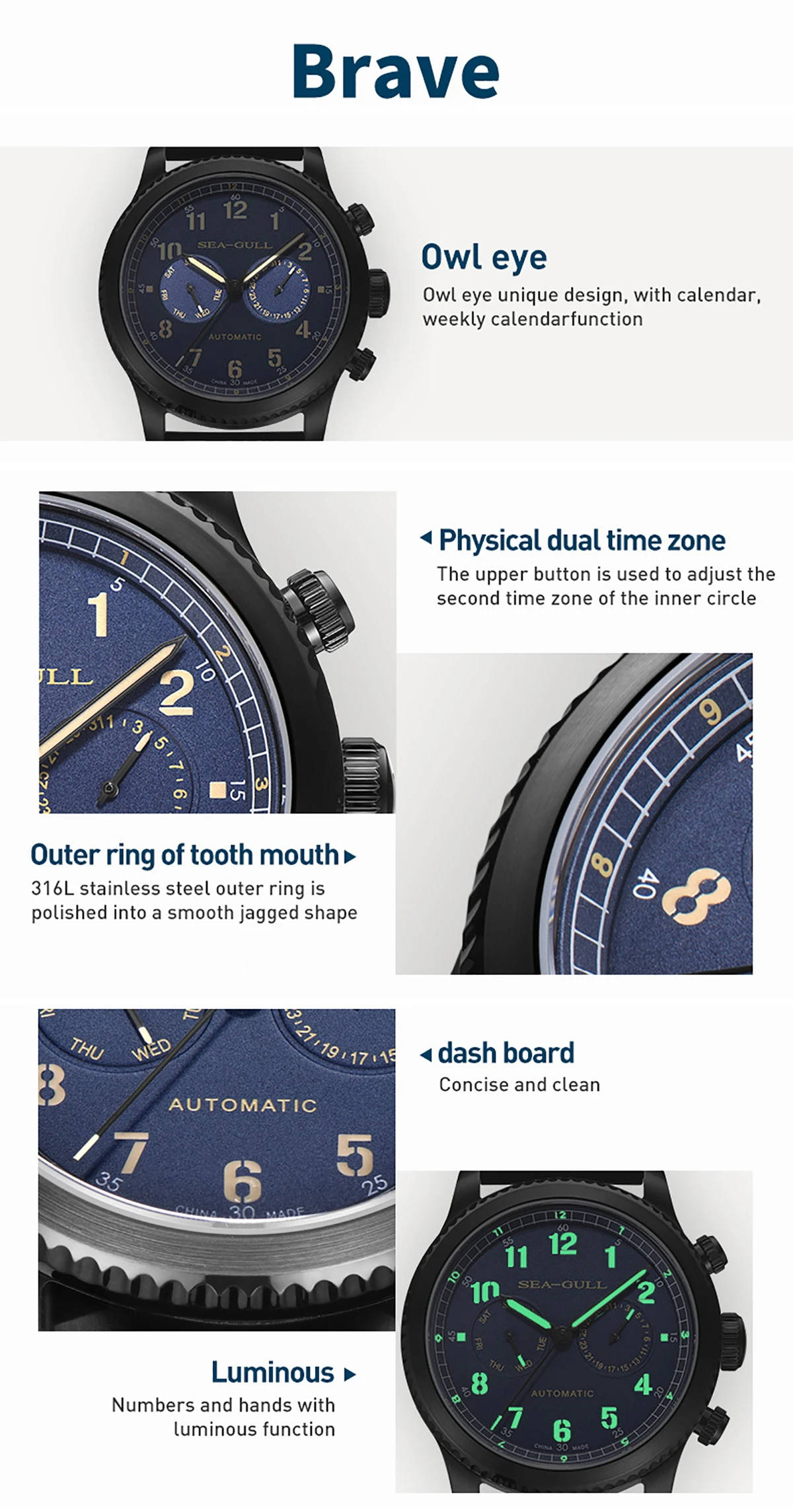 Seagull Men's Watch Fashion Multifunction Belt Sapphire Luminous Automatic Mechanical Watch Pilot Series Wristwatch 819.33.6080H