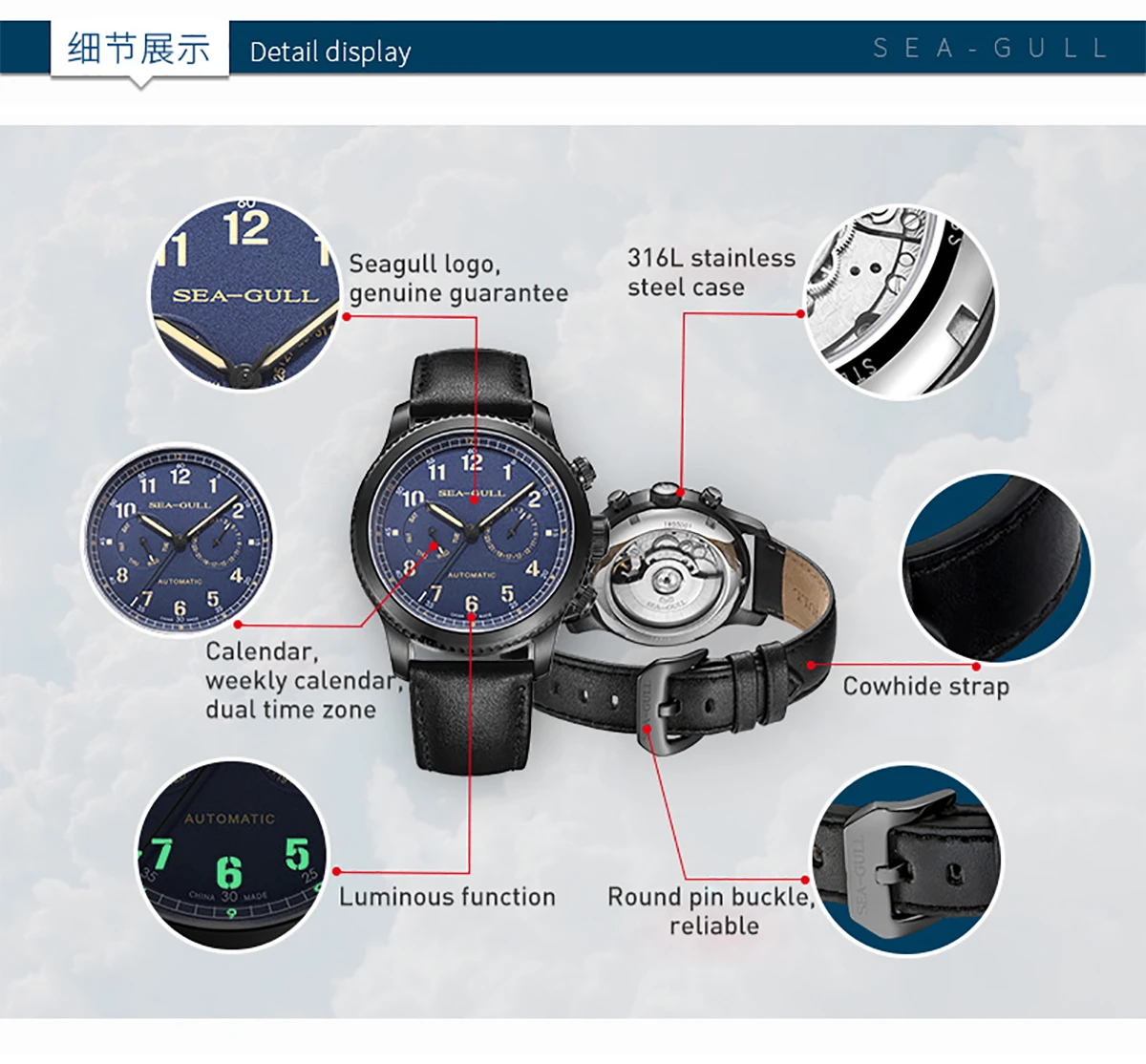Seagull Men's Watch Fashion Multifunction Belt Sapphire Luminous Automatic Mechanical Watch Pilot Series Wristwatch 819.33.6080H