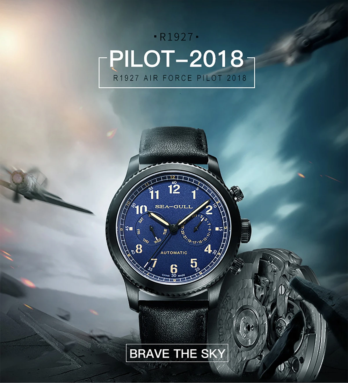 Seagull Men's Watch Fashion Multifunction Belt Sapphire Luminous Automatic Mechanical Watch Pilot Series Wristwatch 819.33.6080H