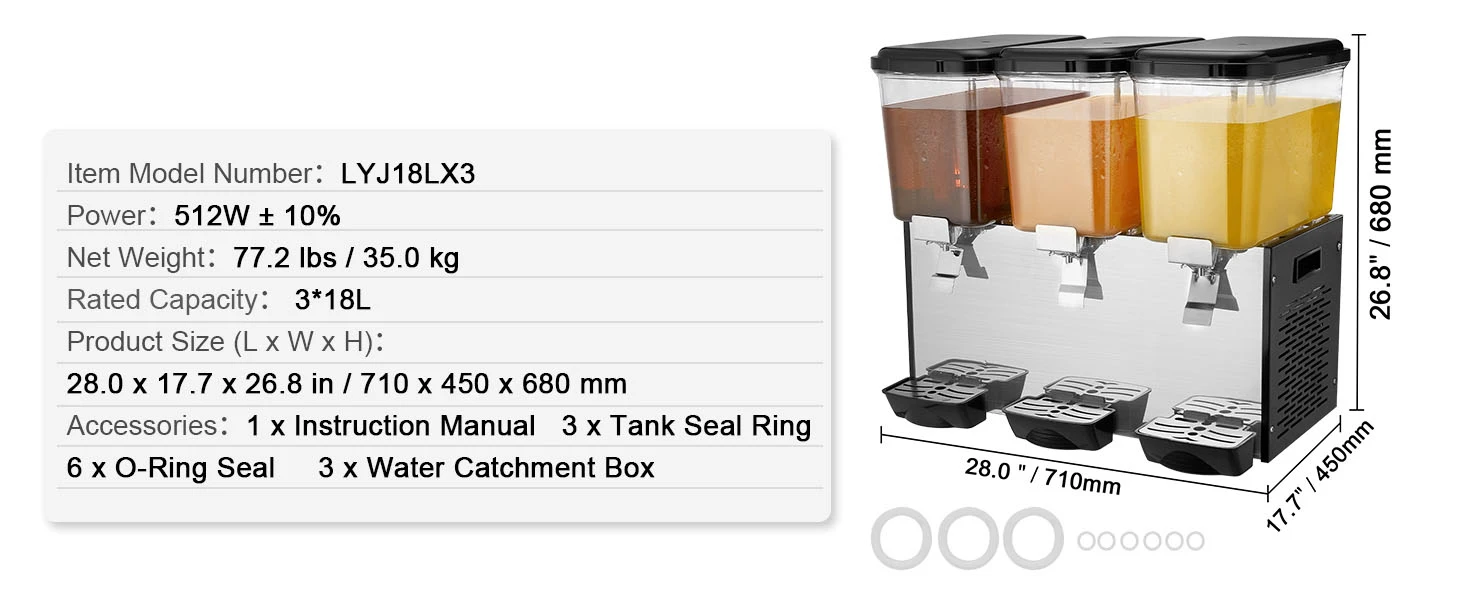 SucceBuy 3 Tanks Commercial Beverage Dispenser 10L/18L Per Tank Juice Dispenser Stainless Steel Ice Tea Drink Machine for Drink
