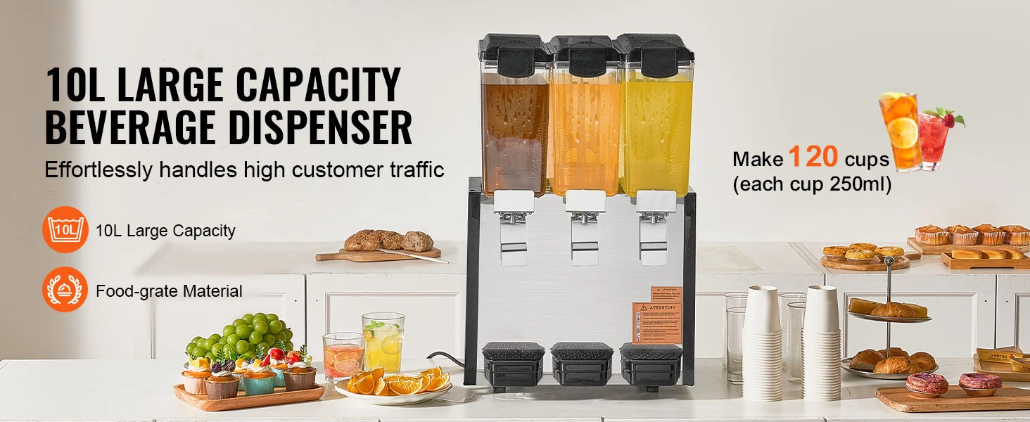 SucceBuy 3 Tanks Commercial Beverage Dispenser 10L/18L Per Tank Juice Dispenser Stainless Steel Ice Tea Drink Machine for Drink