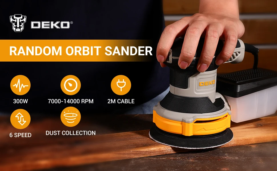 DEKO 14000RPM 16 Pieces Sandpaper 125 mm 300W Orbital Sander Sanding Pad Dust Collector for household Wood and Steel Surf
