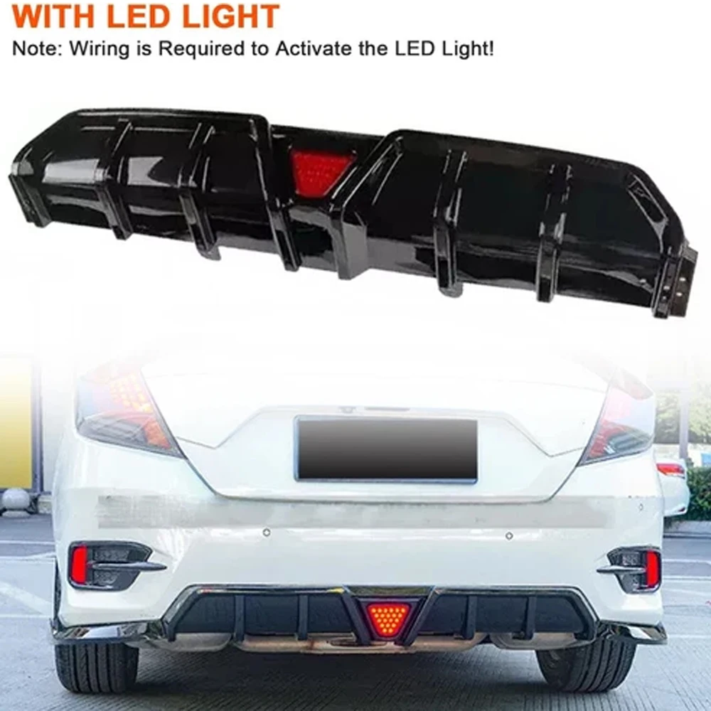 1Set Quality Car Rear Bumper Splitter Lip Diffuser Body Kit And LED Light For Honda Civic 2016-2022 10th 4Dr Sedan Spoiler Guard
