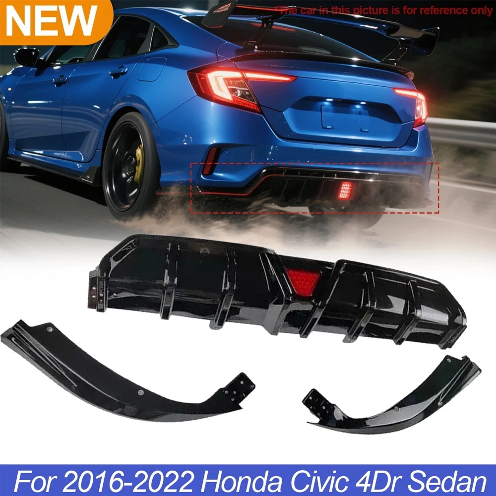 1Set Quality Car Rear Bumper Splitter Lip Diffuser Body Kit And LED Light For Honda Civic 2016-2022 10th 4Dr Sedan Spoiler Guard