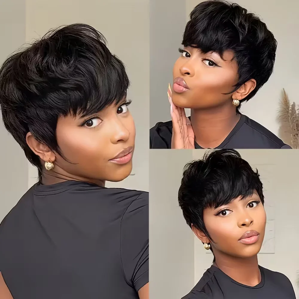 Natural Look Short Pixie Cut Human Hair Wig Full Machine-Made Wig for Women For Women