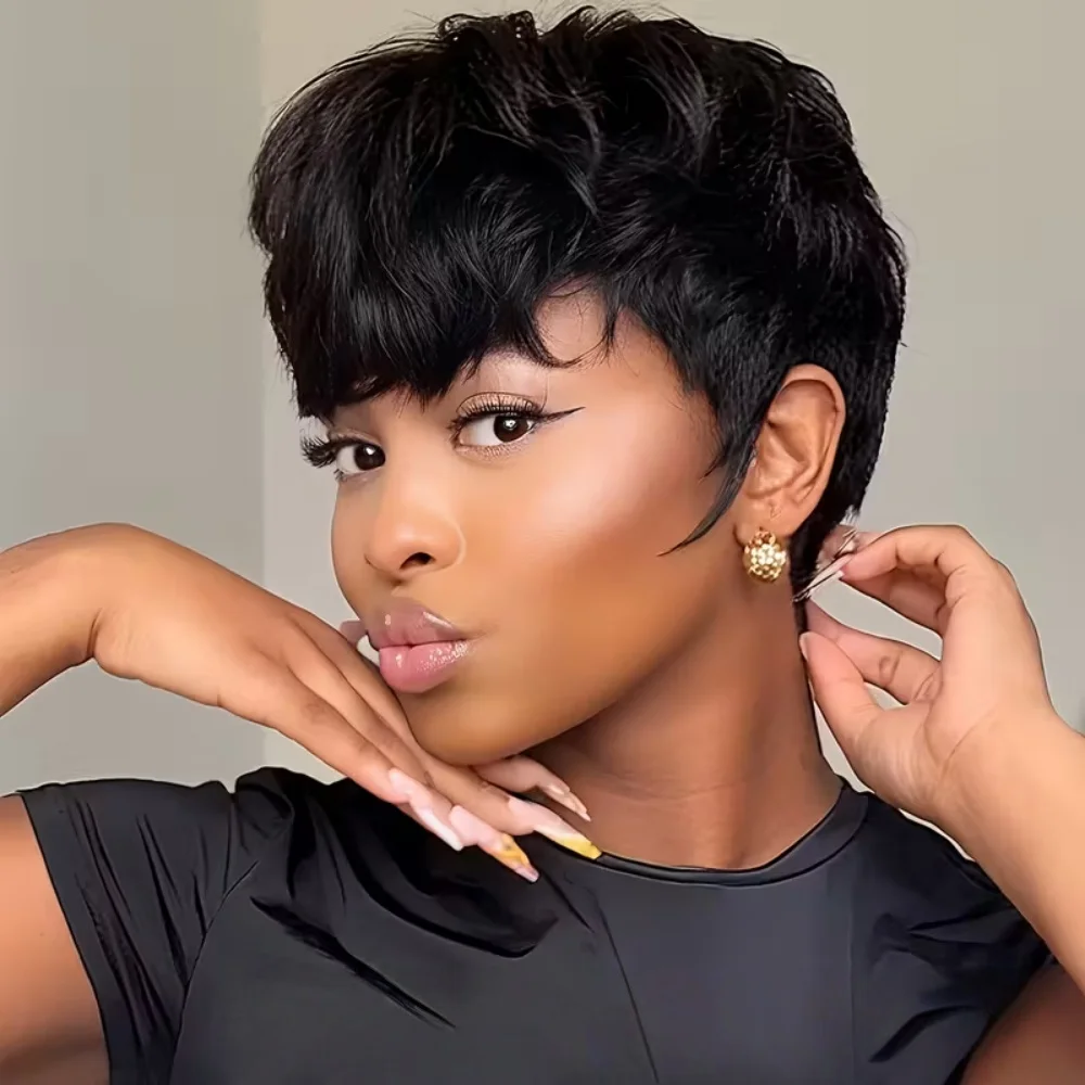 Natural Look Short Pixie Cut Human Hair Wig Full Machine-Made Wig for Women For Women