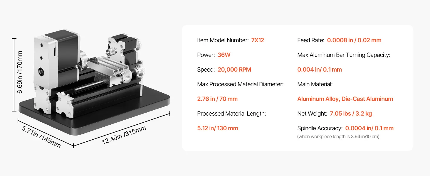 SucceBuy 2.76x5.12 in Mini Metal Lathe Machine 36W 20,000 RPM Speed + 3-jaw Chuck Aluminum Alloy for Processing Precision Parts