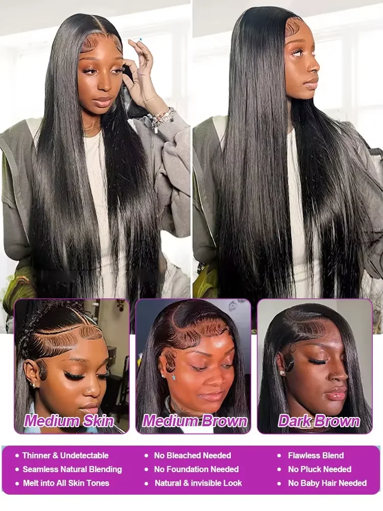 200% Density 36 38 inch 13x6 HD Lace Front Human Hair Wigs For Women Indian Straight 13x4 Glueless Lace Frontal Wigs Pre Plucked