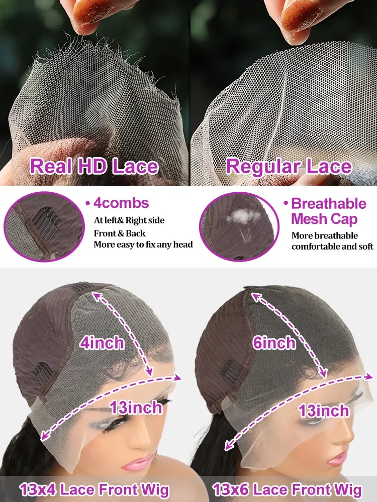 200% Density 36 38 inch 13x6 HD Lace Front Human Hair Wigs For Women Indian Straight 13x4 Glueless Lace Frontal Wigs Pre Plucked