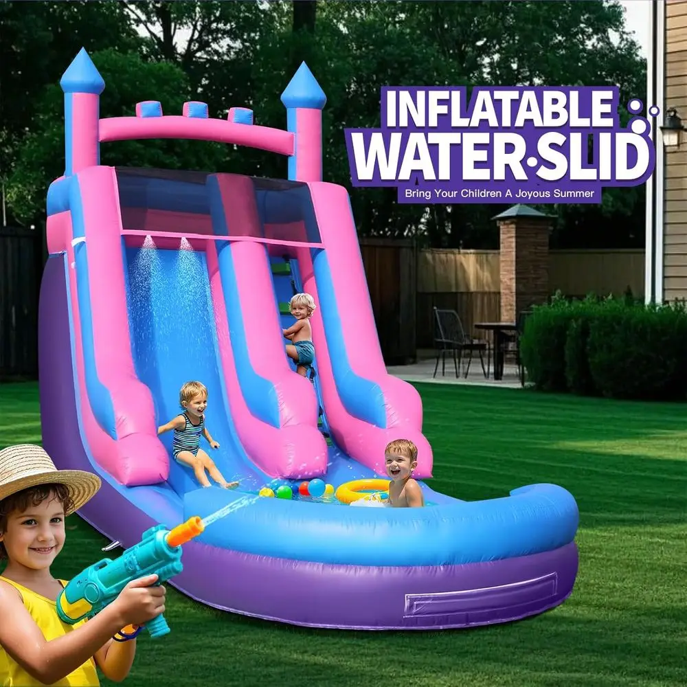 26FT Iatable Water Slide for Kids, PVC Commercial Grade Water Slide with Splash Pool, 4-in-1 Water Slide with Climbing & Basketb