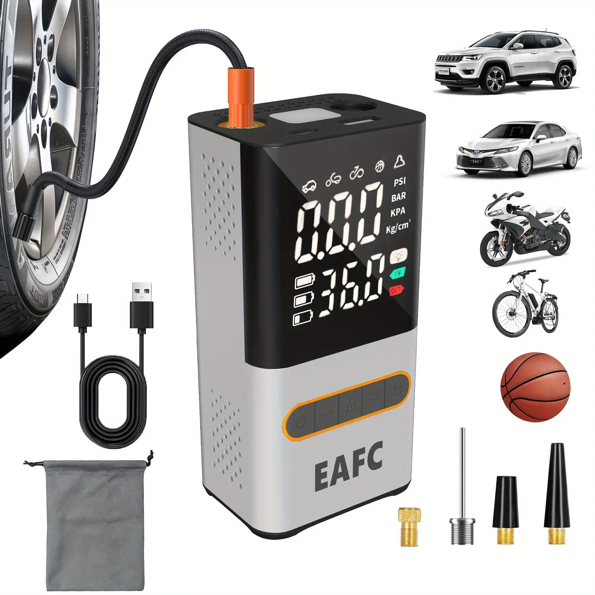 EAFC 150PSI Digital Display Air Pump, Large-screen Wireless Air Pump, Digital Pressure Gauge, with LED Light for Car, Motorcycle