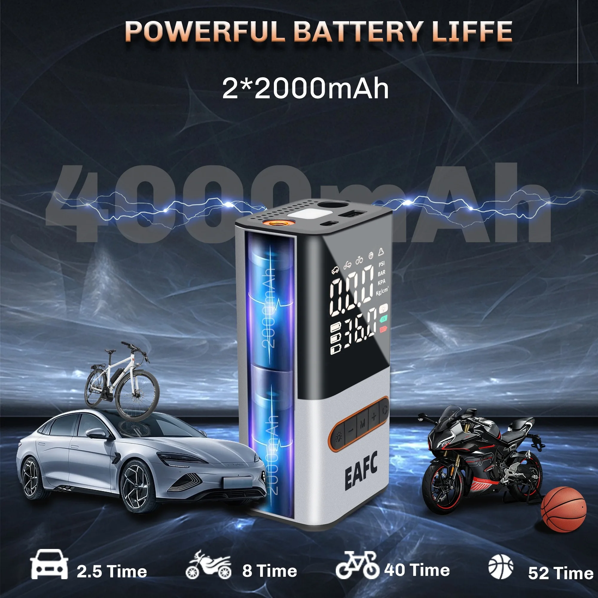 EAFC 150PSI Digital Display Air Pump, Large-screen Wireless Air Pump, Digital Pressure Gauge, with LED Light for Car, Motorcycle